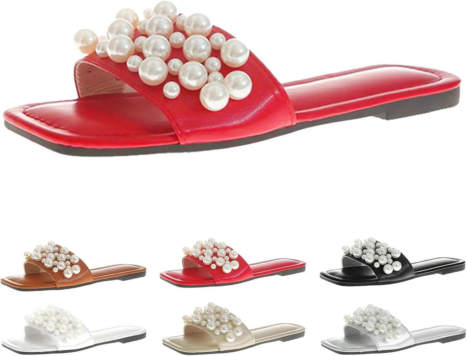Women's Dressy Flat Sandals Women Slippers Fashionable Summer New Pattern Pearl Decoration Large Flat Beach Shoes