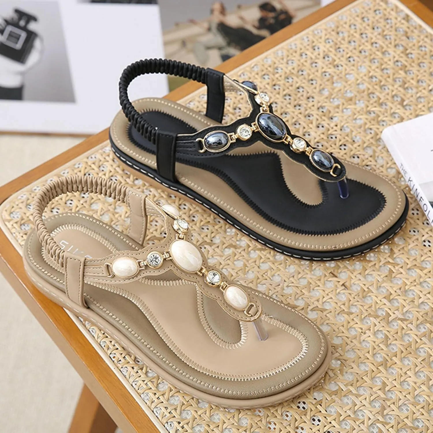 Women's Elastic Strap Bohemian Sandals Open Toes One Band Ankle Strap Flats Fashion Flat Sandals for Women