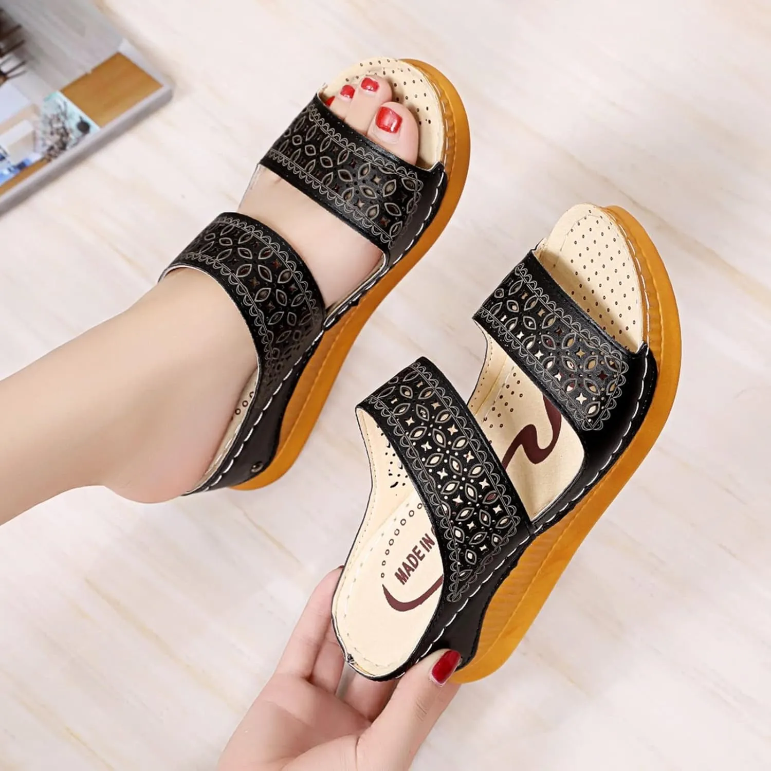 Women's Fashion Slide Sandal And Sandals Fashion Roman Toe Slippers Summer With Hollow Slope Ladies Spring Women's