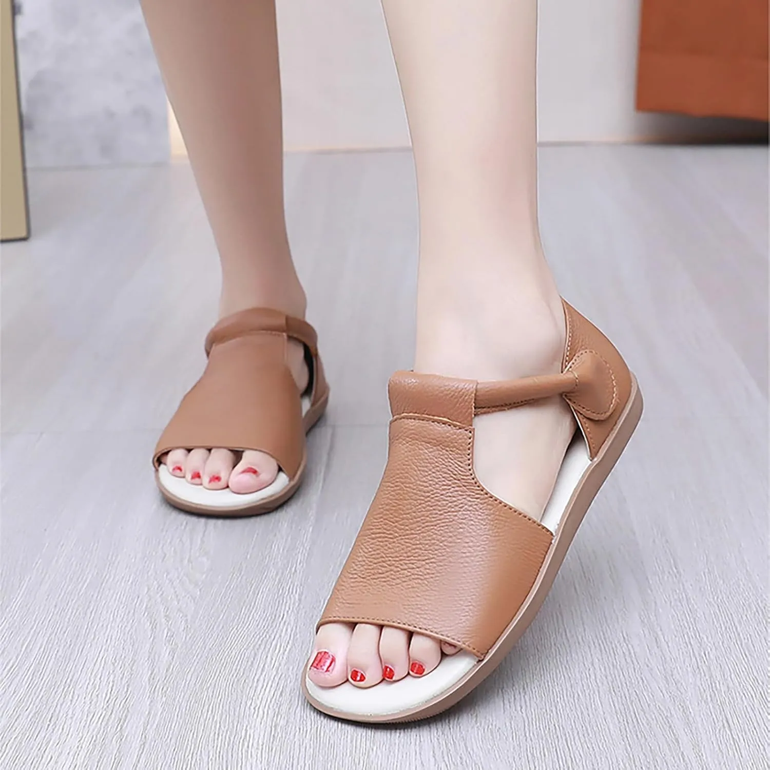 Women's Genuine Leather Round Open Toe Flat Roman Sandals Fashion Hook and Loop Casual Platforms Fisherman Sandals Comfort Softsole Non-Slip Beach Walking Sandal Shoes