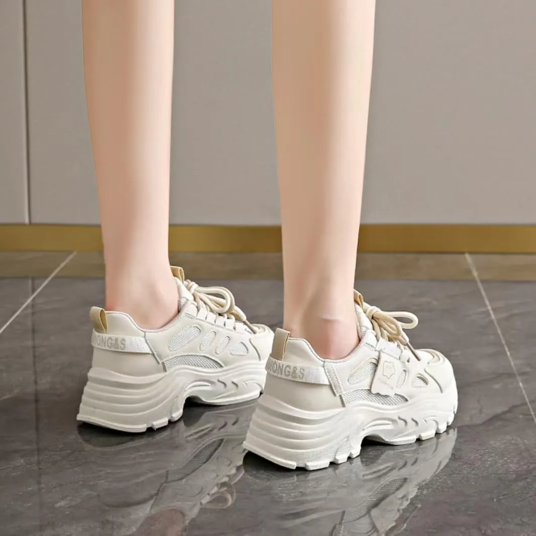 Womens Leather Lace Up Chunky Sneakers Fashion Platform Non-Slip Cute Shoes Casual Dad Walking Driving Travel Shoes