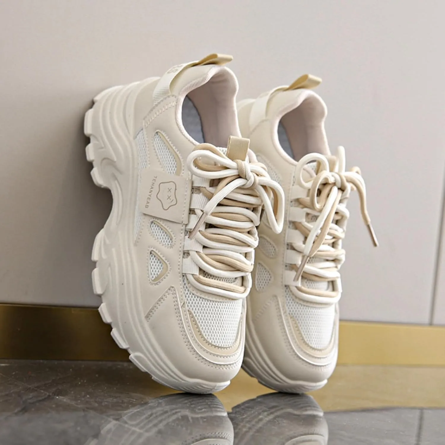 Womens Leather Lace Up Chunky Sneakers Fashion Platform Non-Slip Cute Shoes Casual Dad Walking Driving Travel Shoes