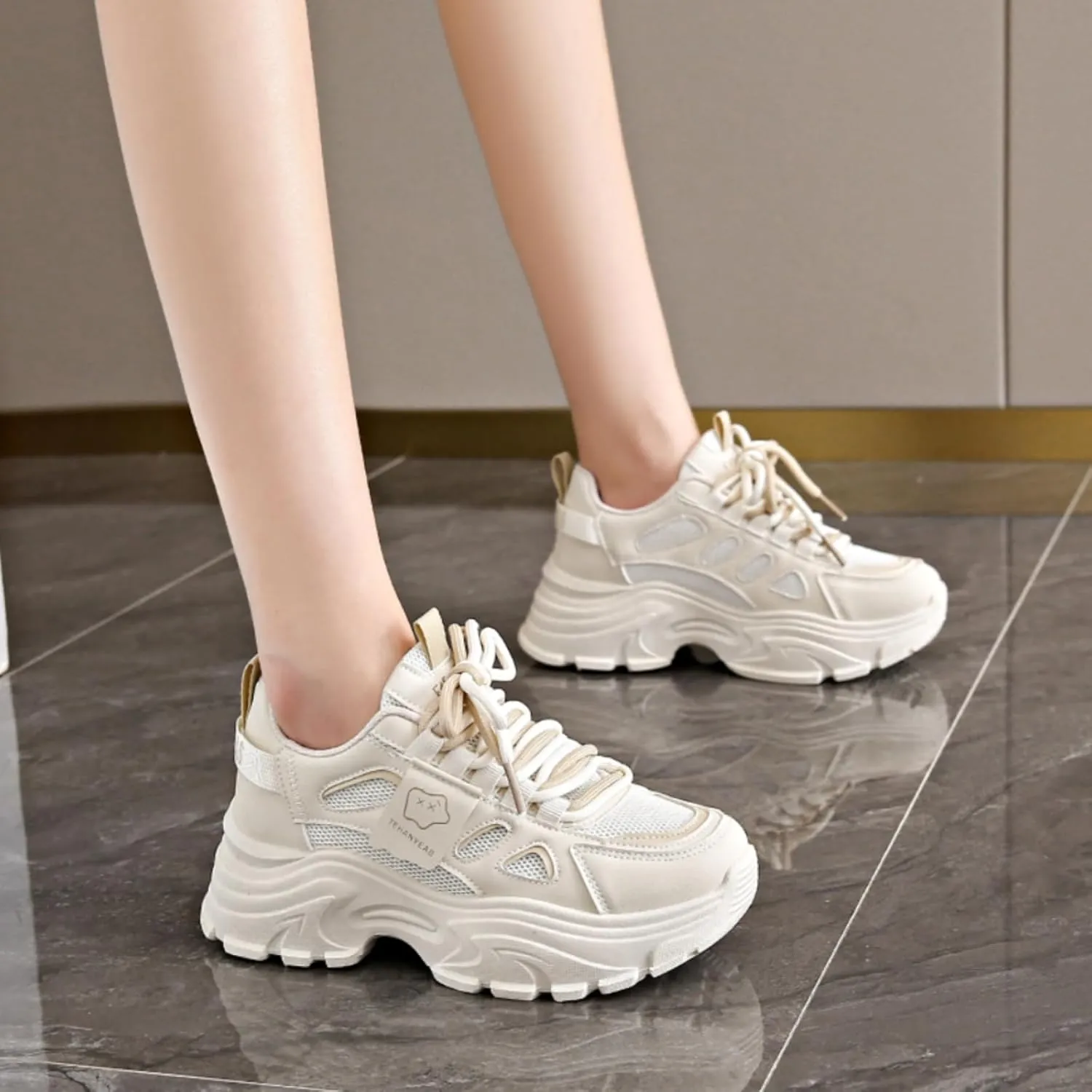 Womens Leather Lace Up Chunky Sneakers Fashion Platform Non-Slip Cute Shoes Casual Dad Walking Driving Travel Shoes
