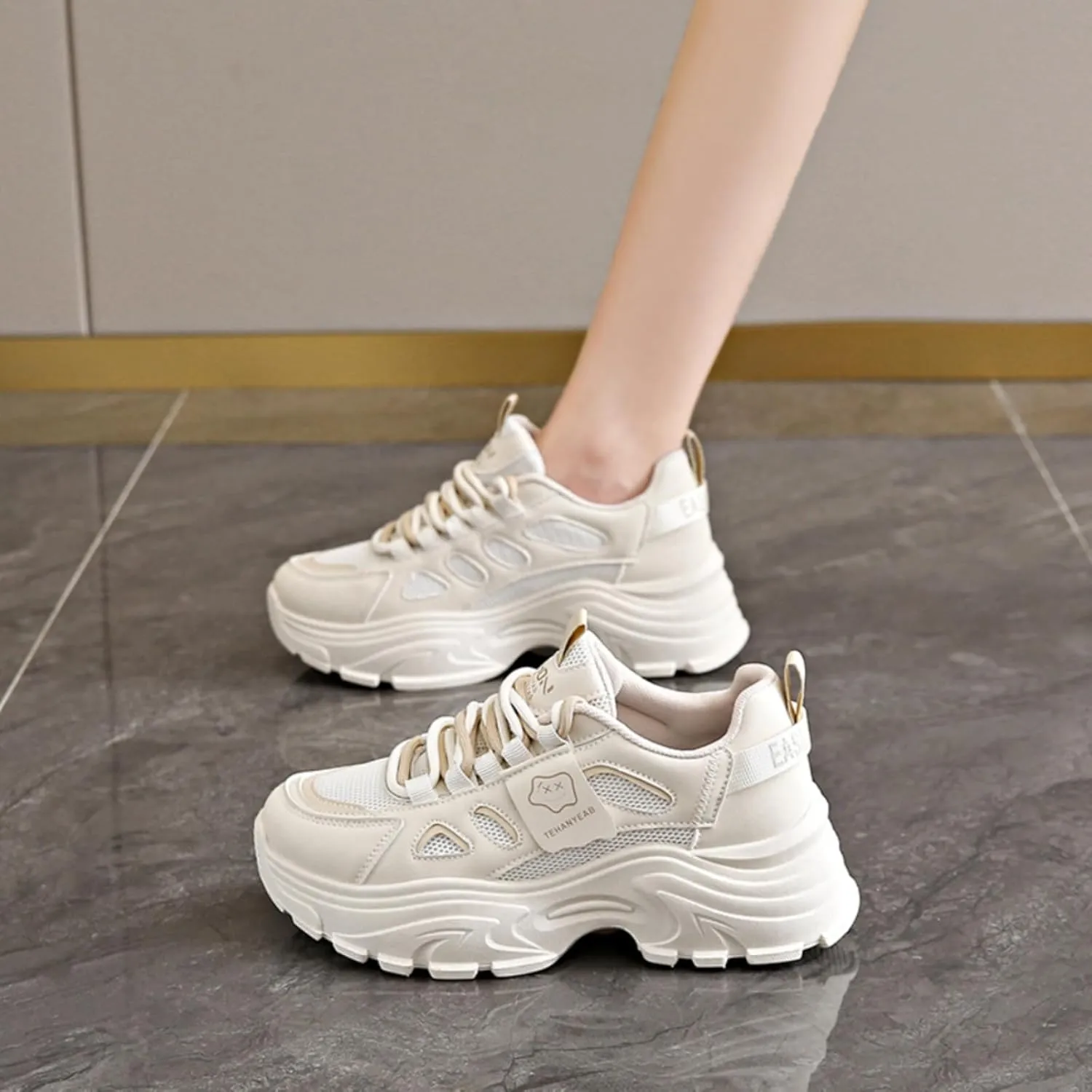 Womens Leather Lace Up Chunky Sneakers Fashion Platform Non-Slip Cute Shoes Casual Dad Walking Driving Travel Shoes