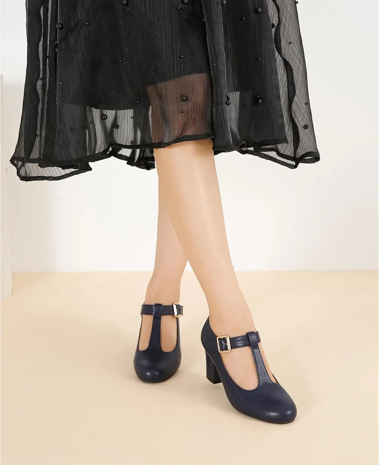 Women's Mary Jane Pumps T-Strap Block Chunky High Heels Ankle Strap Buckle Comfortable Wedding Dress Evening Party Shoes
