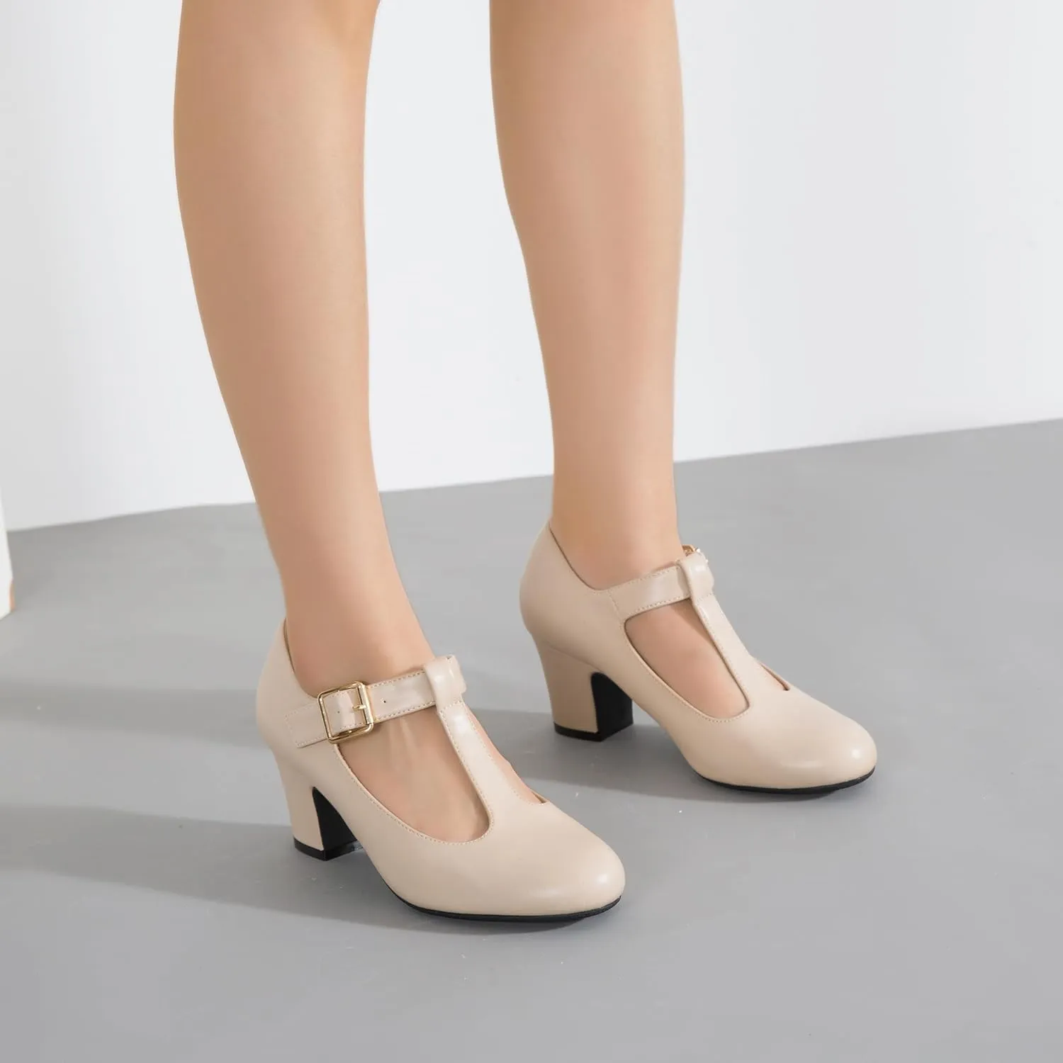 Women's Mary Jane Pumps T-Strap Block Chunky High Heels Ankle Strap Buckle Comfortable Wedding Dress Evening Party Shoes