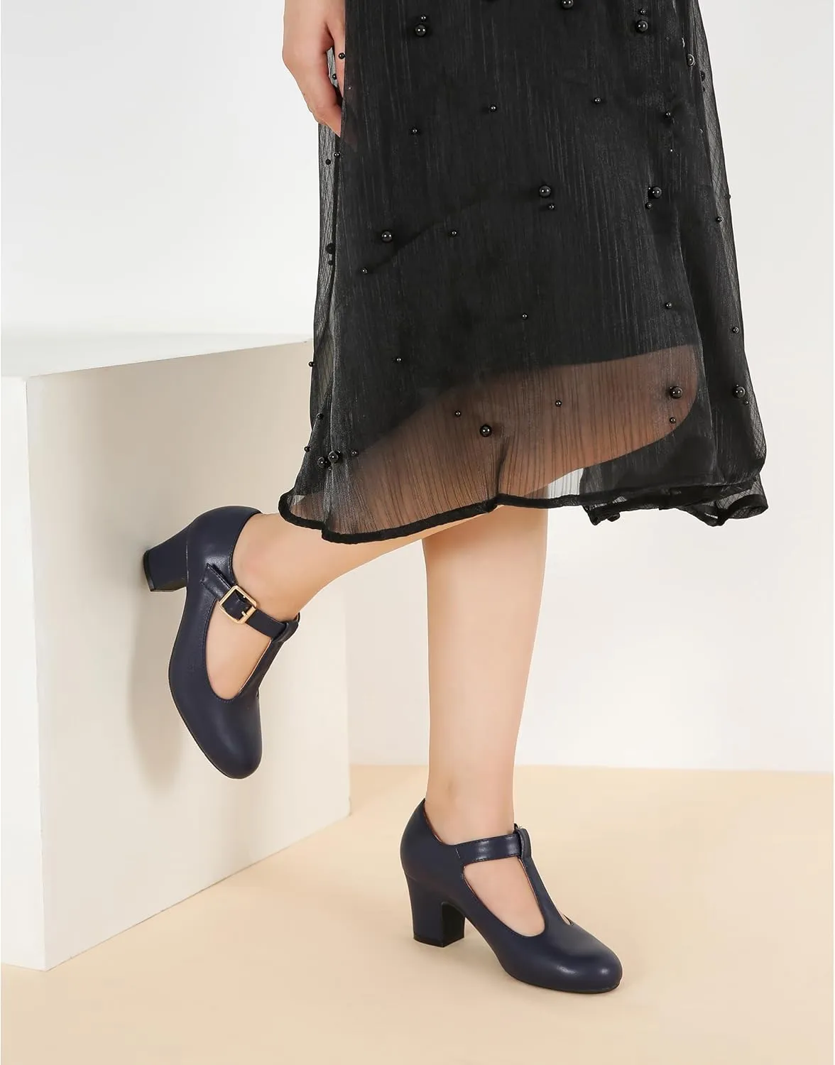 Women's Mary Jane Pumps T-Strap Block Chunky High Heels Ankle Strap Buckle Comfortable Wedding Dress Evening Party Shoes