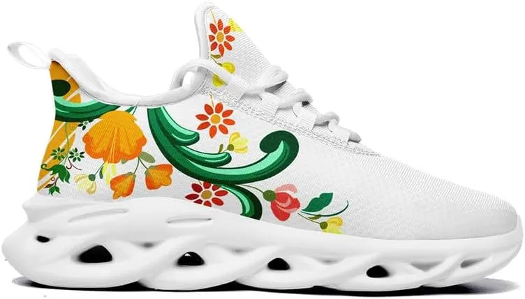 Women's Mexican Flower Running Shoes Vintage Floral Print Athletic Cushion Non Slip Sports Walking Sneaker Gym Tennis Shoes Mother's Gift