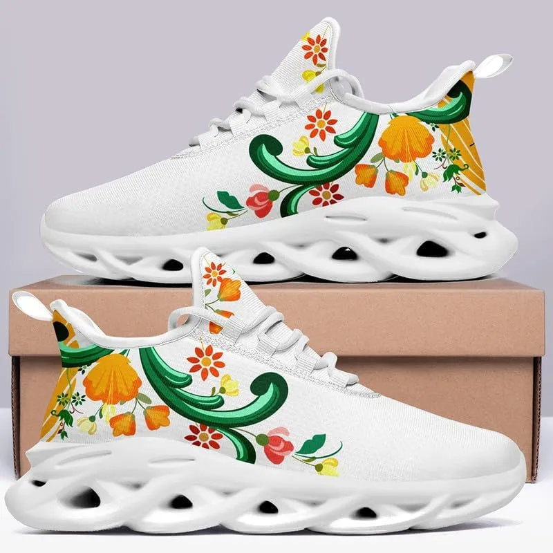 Women's Mexican Flower Running Shoes Vintage Floral Print Athletic Cushion Non Slip Sports Walking Sneaker Gym Tennis Shoes Mother's Gift