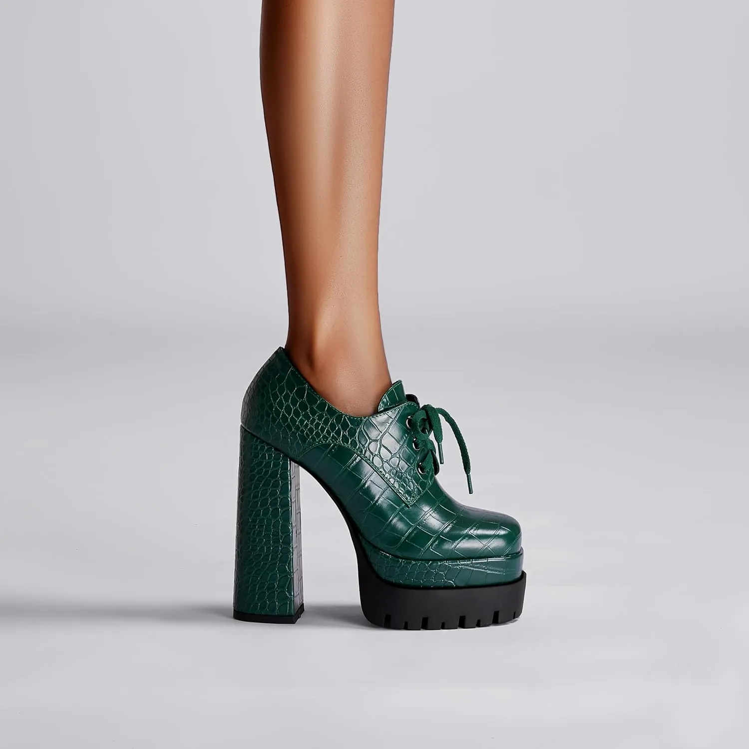 Women's Platform Pumps Round Toe Lace Up Oxford Shoes 15cm/6 inch Chunky Heel Ankle Booties