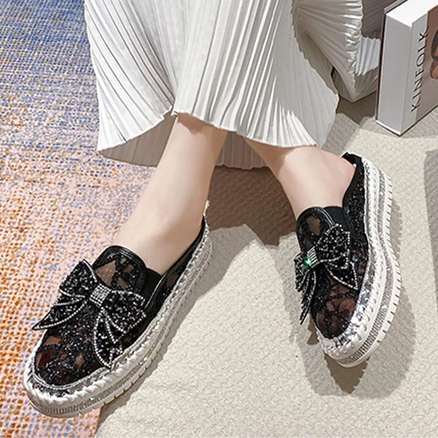 Women's Platform Rhinestones Glitter Sneakers,Fashion Cute Bow Comfy Breathe Canvas Hand-Stitching Slip On Casual Walking Flat Loafers
