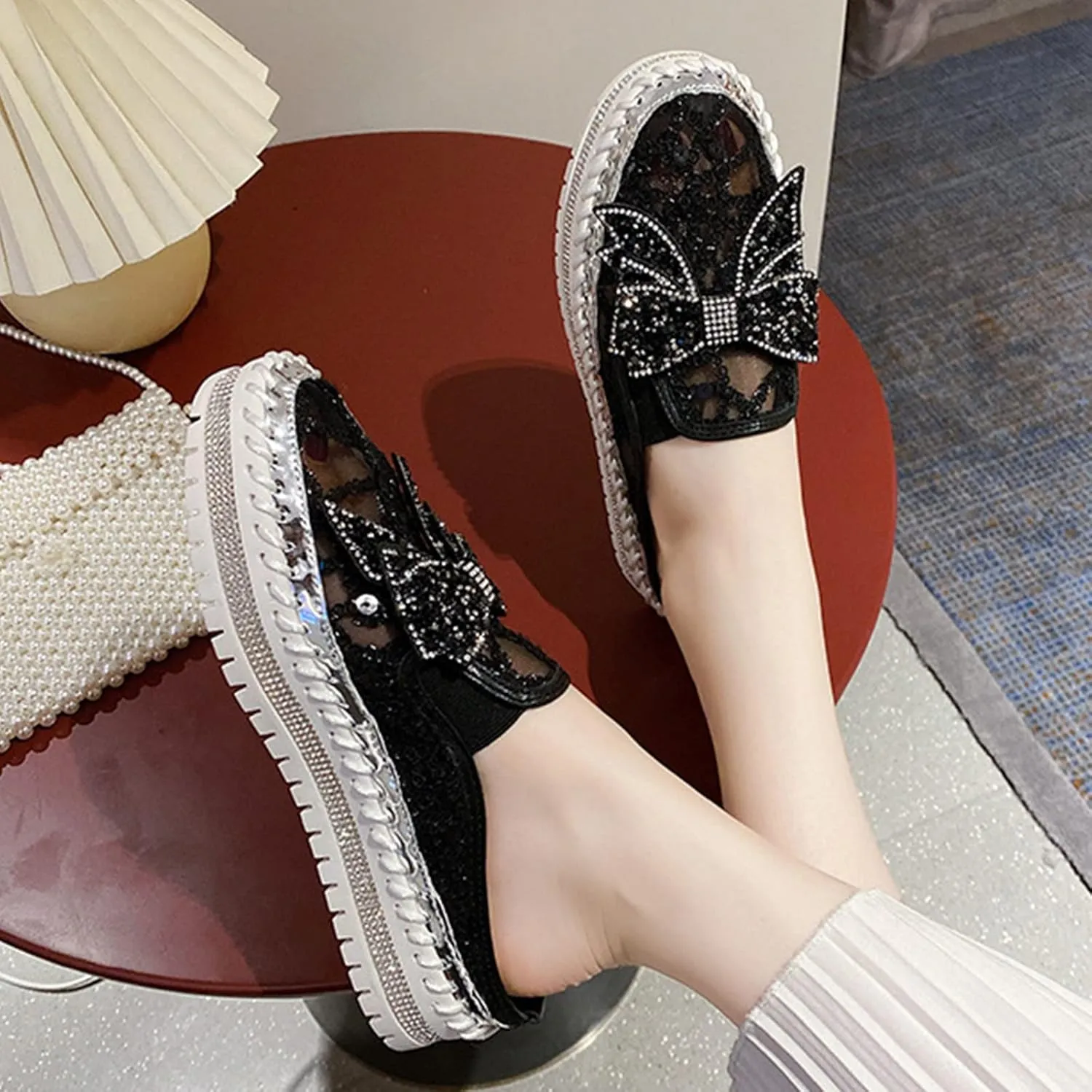 Women's Platform Rhinestones Glitter Sneakers,Fashion Cute Bow Comfy Breathe Canvas Hand-Stitching Slip On Casual Walking Flat Loafers