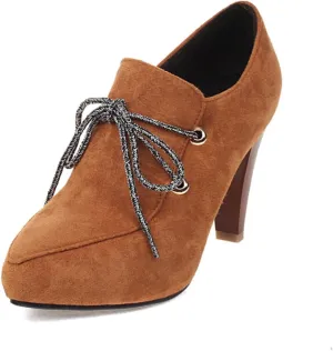 Women's Pointed Toe Lace Up Chunky High Heel Oxfords Shoes Suede Vintage Brogue Business Formal Office Work Dress Pumps