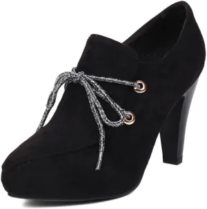 Women's Pointed Toe Lace Up Chunky High Heel Oxfords Shoes Suede Vintage Brogue Business Formal Office Work Dress Pumps