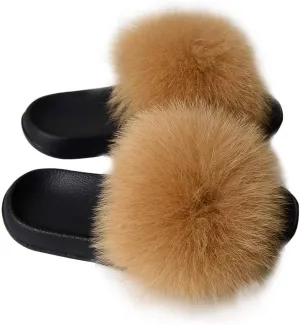 Women's Real Fox Fur Slides Furry Slide Sandal for Outdoor Fur Slippers