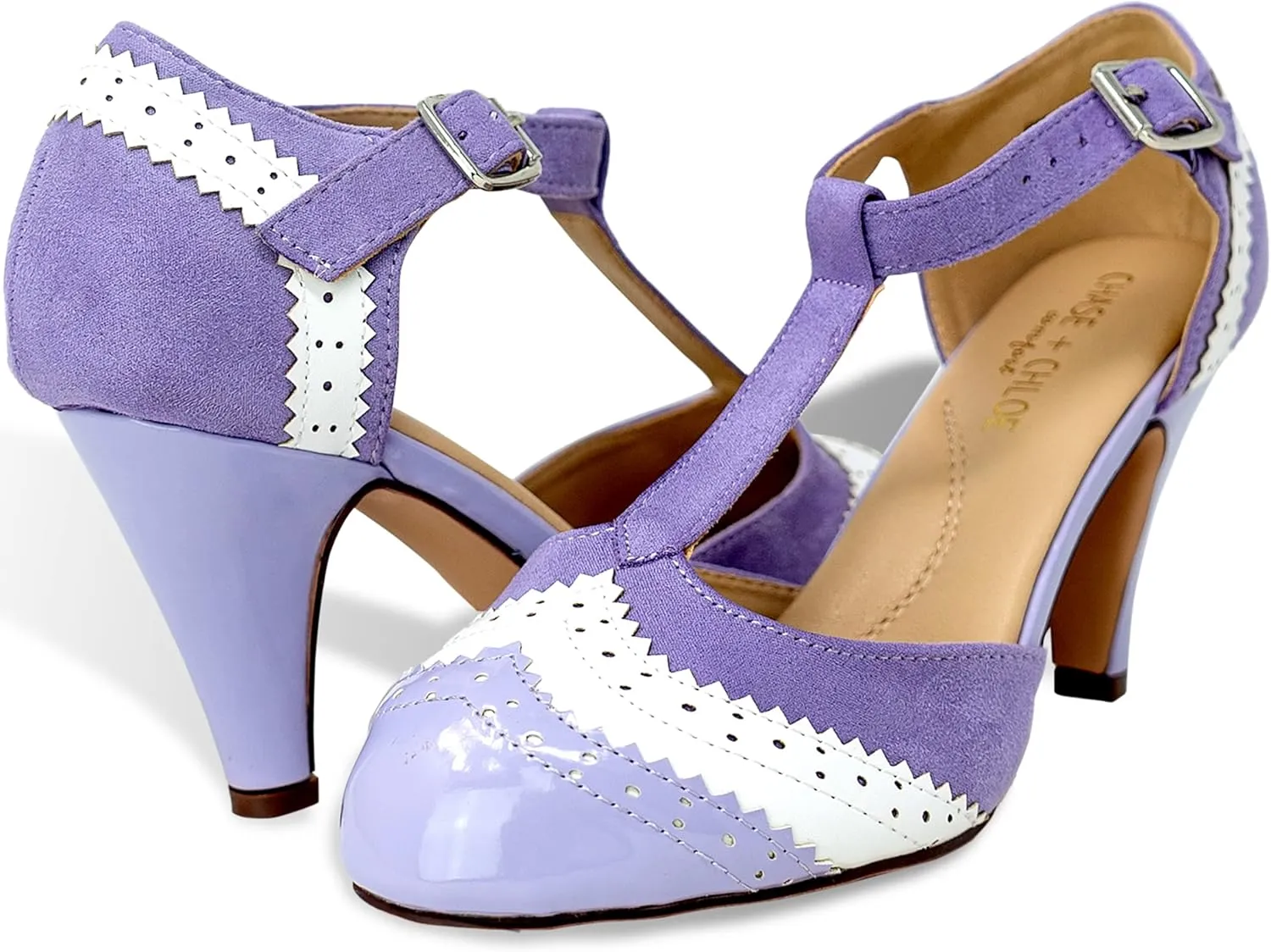 Women's Two Tones Wing Tips Retro Rockability 1950s Vintage T-Strap Pinup Style Pump Flapper