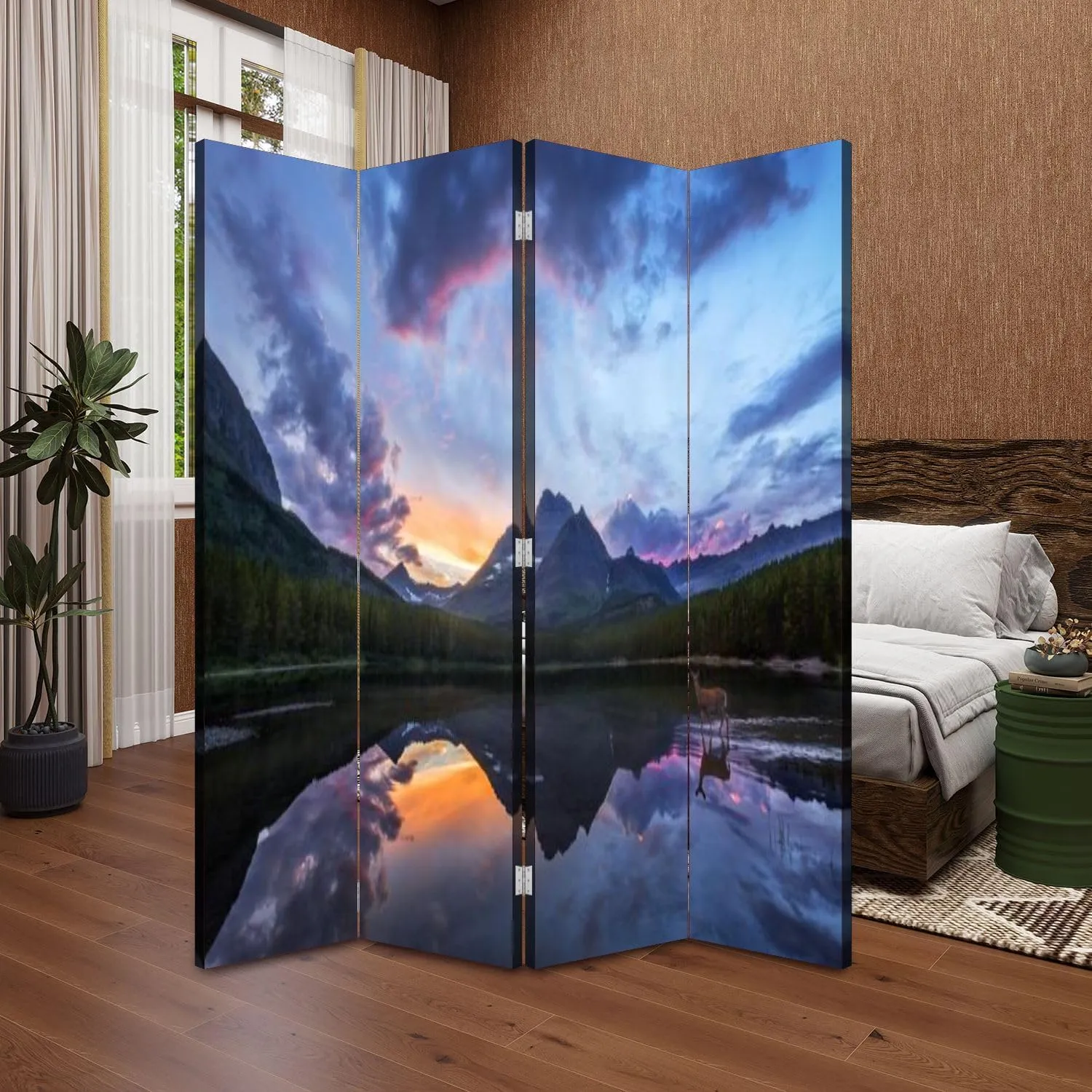 Wood Screen Room Divider Rocky Mountain Mule Deer Wading Lake Sunset Folding Screen Canvas Privacy Partition Panels Dual-Sided Wall Divider Indoor Display Shelves 4 Panels