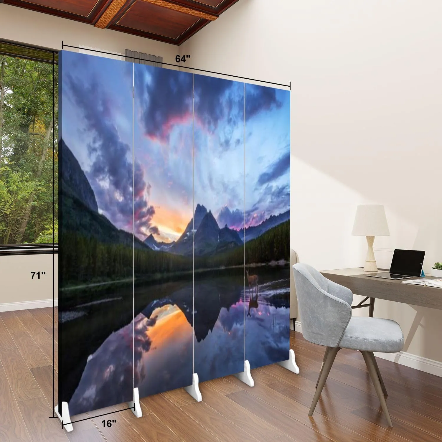 Wood Screen Room Divider Rocky Mountain Mule Deer Wading Lake Sunset Folding Screen Canvas Privacy Partition Panels Dual-Sided Wall Divider Indoor Display Shelves 4 Panels