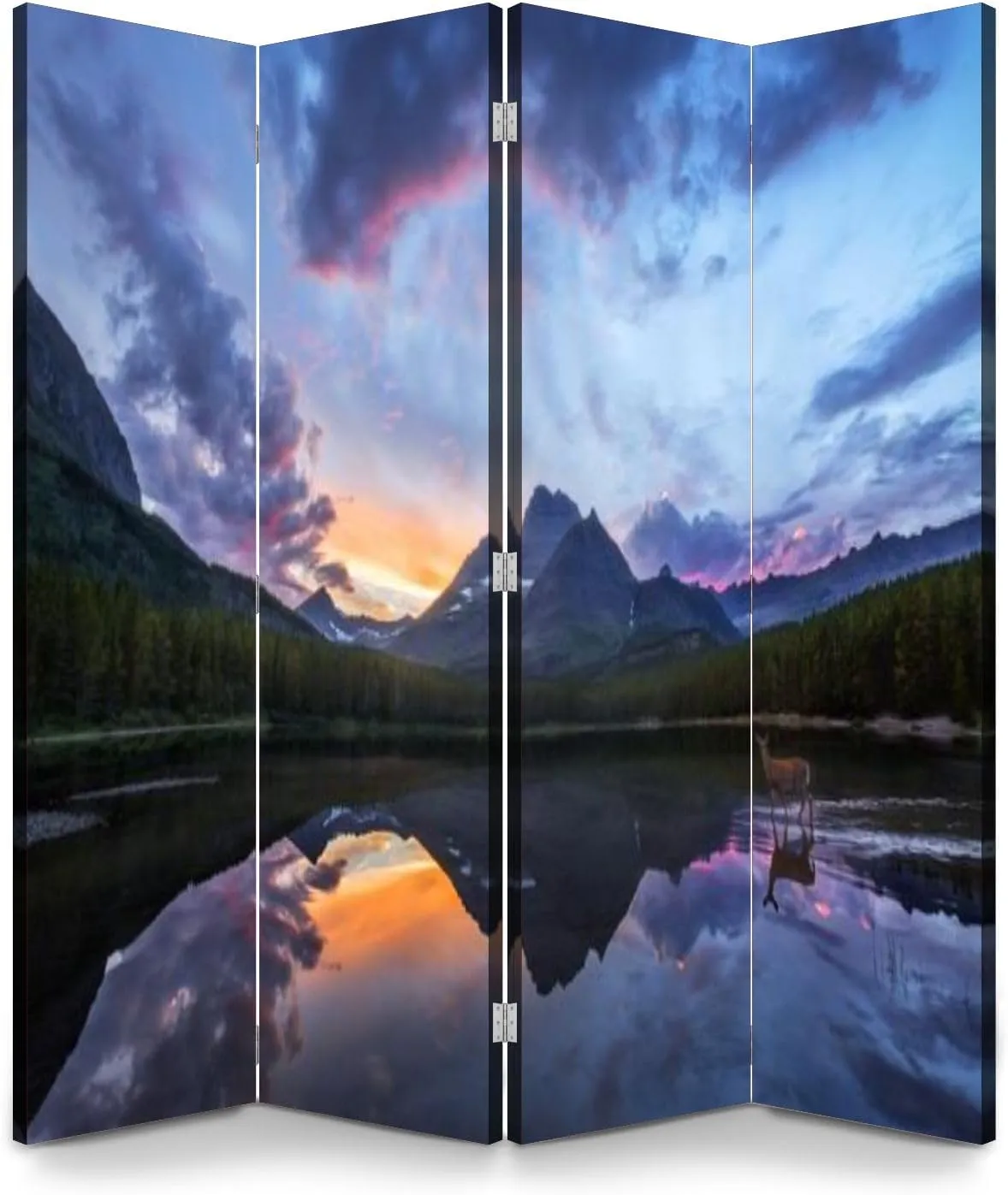 Wood Screen Room Divider Rocky Mountain Mule Deer Wading Lake Sunset Folding Screen Canvas Privacy Partition Panels Dual-Sided Wall Divider Indoor Display Shelves 4 Panels