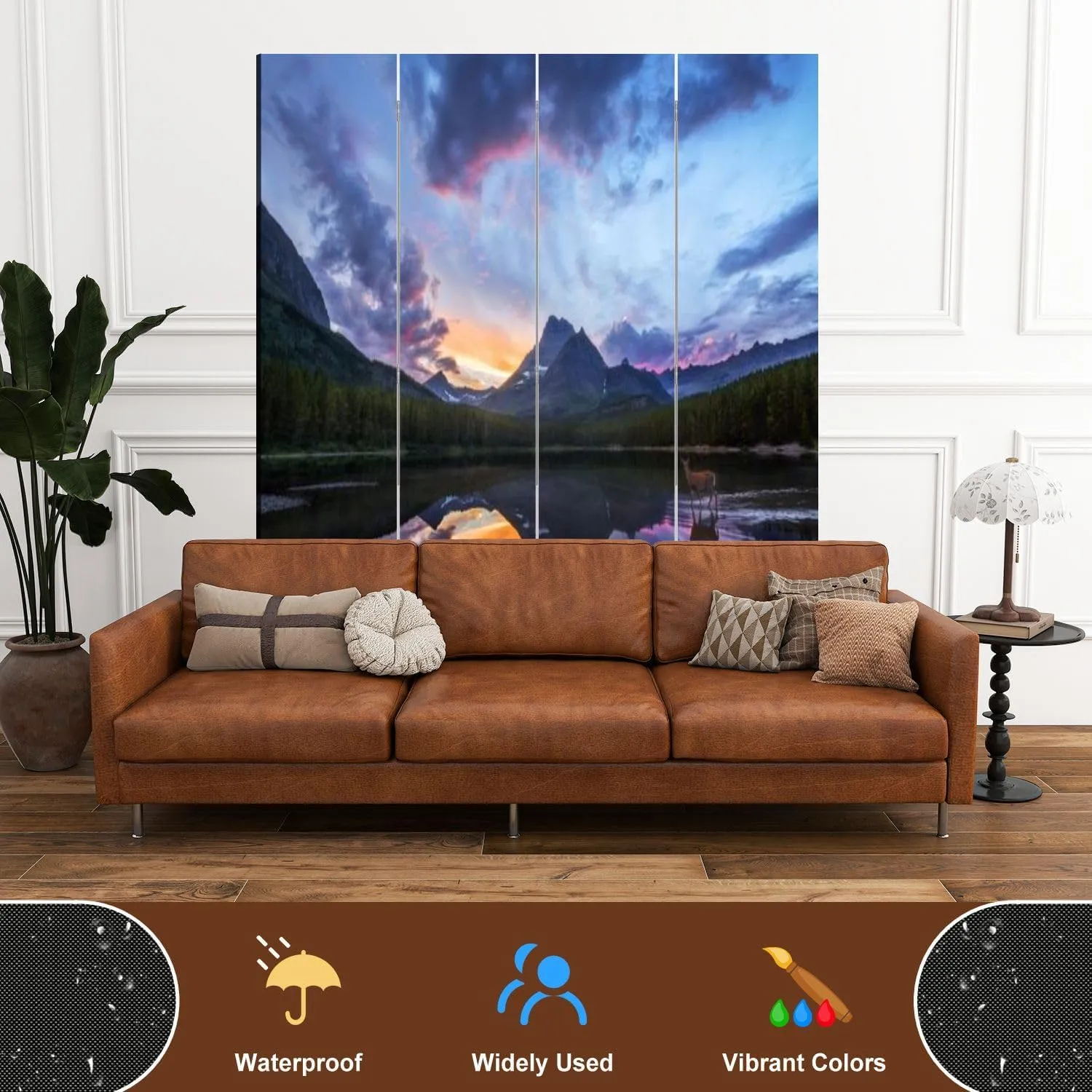 Wood Screen Room Divider Rocky Mountain Mule Deer Wading Lake Sunset Folding Screen Canvas Privacy Partition Panels Dual-Sided Wall Divider Indoor Display Shelves 4 Panels