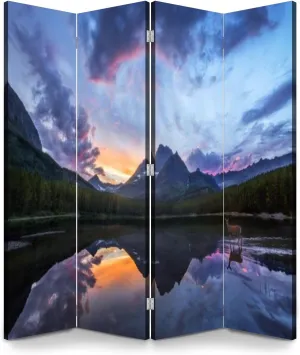 Wood Screen Room Divider Rocky Mountain Mule Deer Wading Lake Sunset Folding Screen Canvas Privacy Partition Panels Dual-Sided Wall Divider Indoor Display Shelves 4 Panels