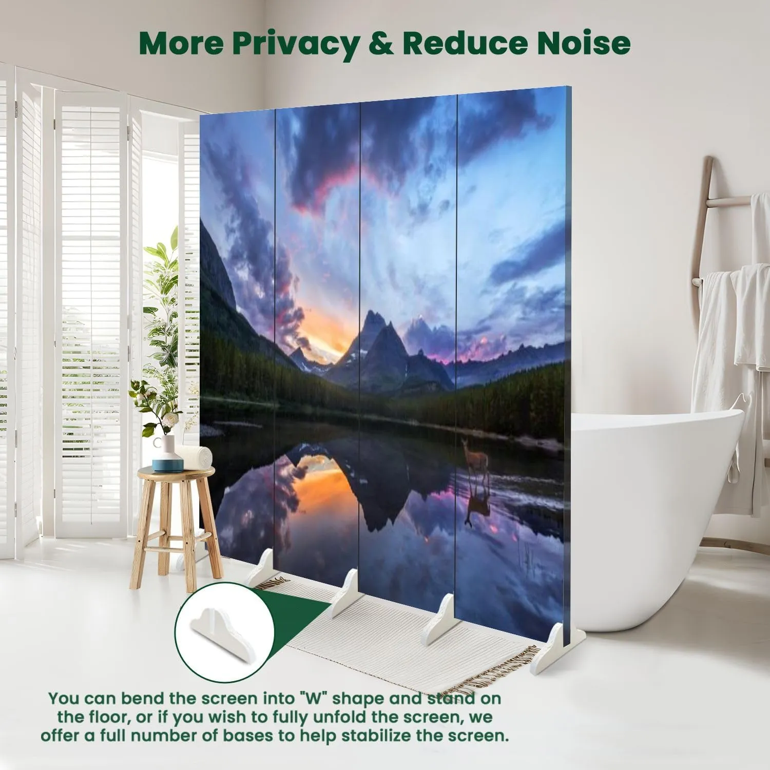 Wood Screen Room Divider Rocky Mountain Mule Deer Wading Lake Sunset Folding Screen Canvas Privacy Partition Panels Dual-Sided Wall Divider Indoor Display Shelves 4 Panels