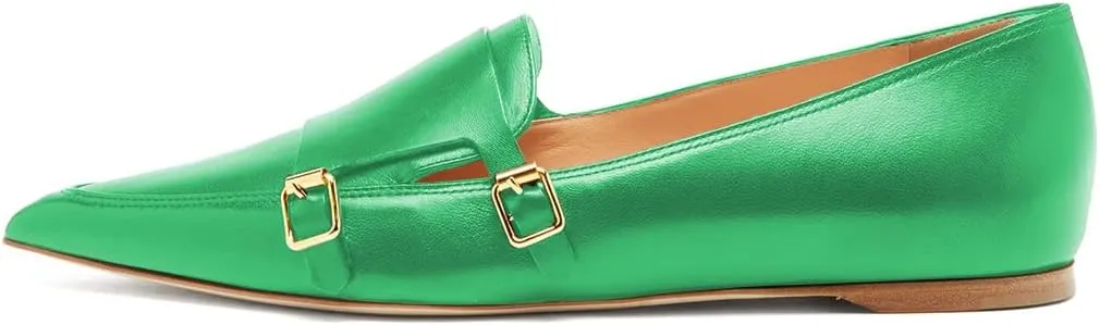 XYD Women Fashion Closed Pointed Toe Flats Slip on Double Buckles Upper Strap Loafers Dress Office Shoes