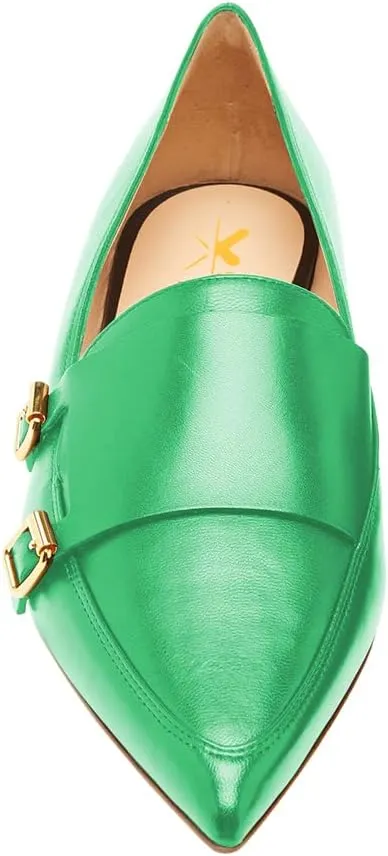 XYD Women Fashion Closed Pointed Toe Flats Slip on Double Buckles Upper Strap Loafers Dress Office Shoes