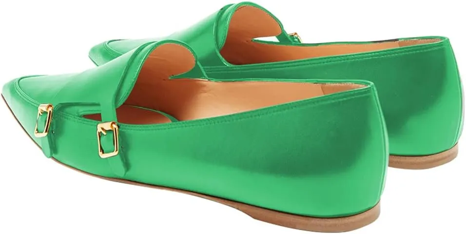 XYD Women Fashion Closed Pointed Toe Flats Slip on Double Buckles Upper Strap Loafers Dress Office Shoes