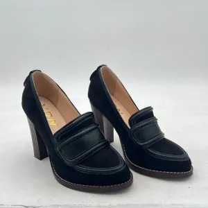 YDN Black Suede Chunky High Heels Round Toe Oxford Loafer Office Work Pumps