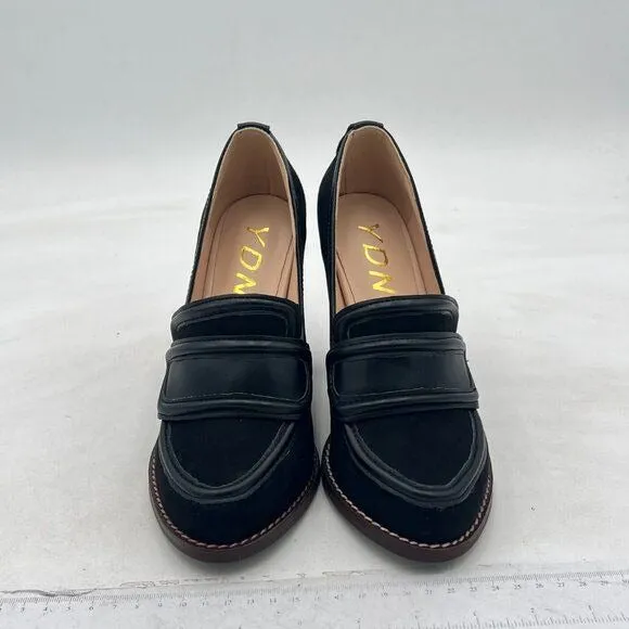YDN Black Suede Chunky High Heels Round Toe Oxford Loafer Office Work Pumps