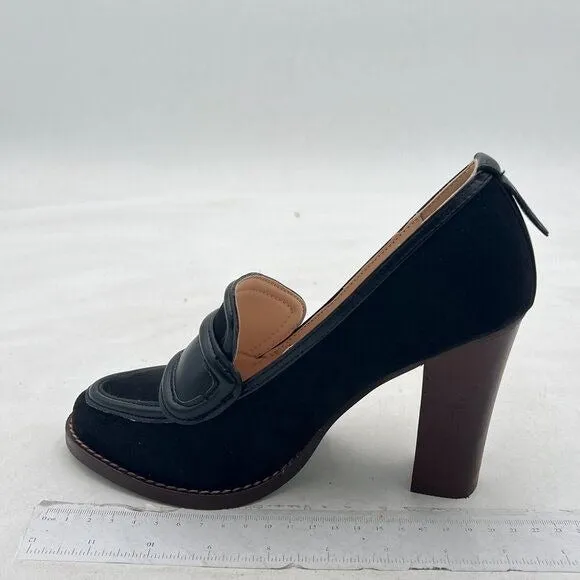 YDN Black Suede Chunky High Heels Round Toe Oxford Loafer Office Work Pumps