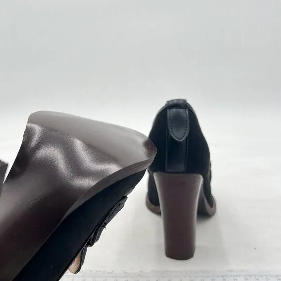 YDN Black Suede Chunky High Heels Round Toe Oxford Loafer Office Work Pumps