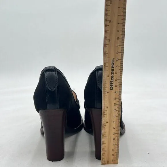 YDN Black Suede Chunky High Heels Round Toe Oxford Loafer Office Work Pumps