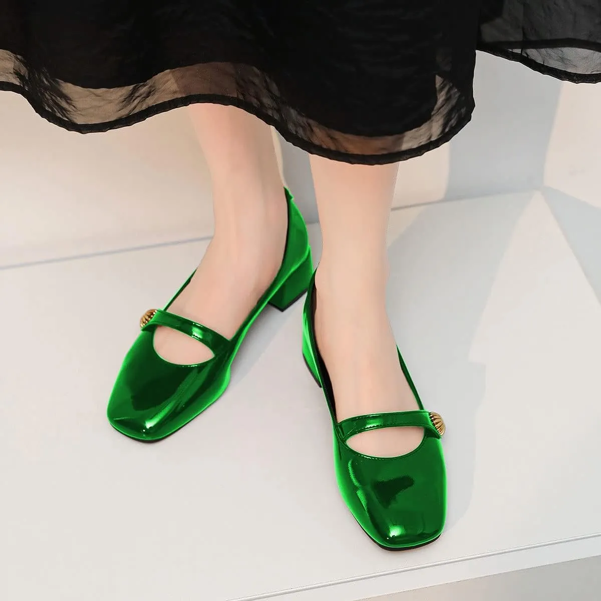 YDN Women Square Toe Mary Janes Block Low Heel Pumps Daisy Buckle Formal Wear Dress Outdoor Shoes Size 4-15 US