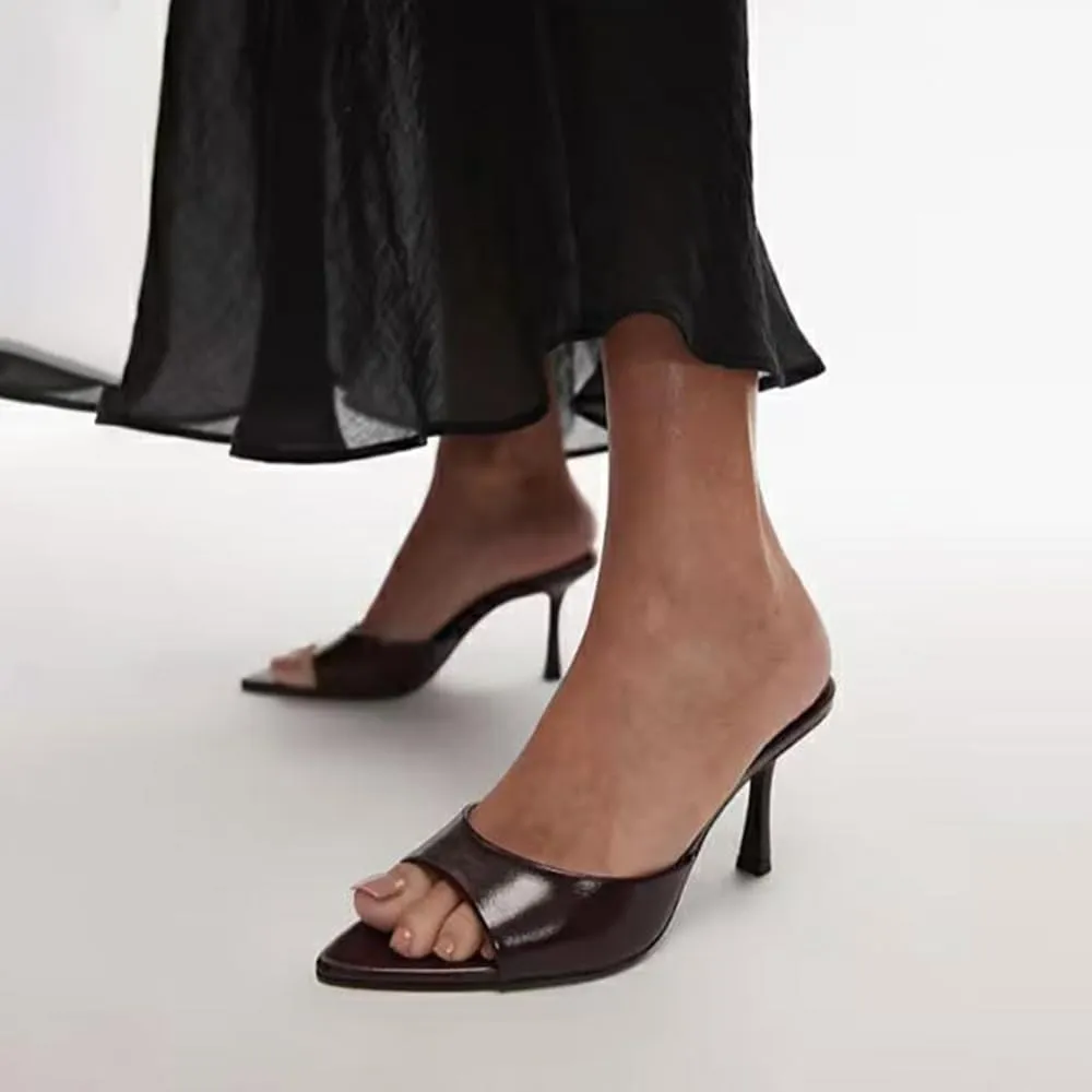 YIYA Women's Open Pointed Peep Toe Mules Kitten Heels Stiletto High Heels Slide Sandals Summer Slip On Backless Dress Spring Summer Pumps Shoes