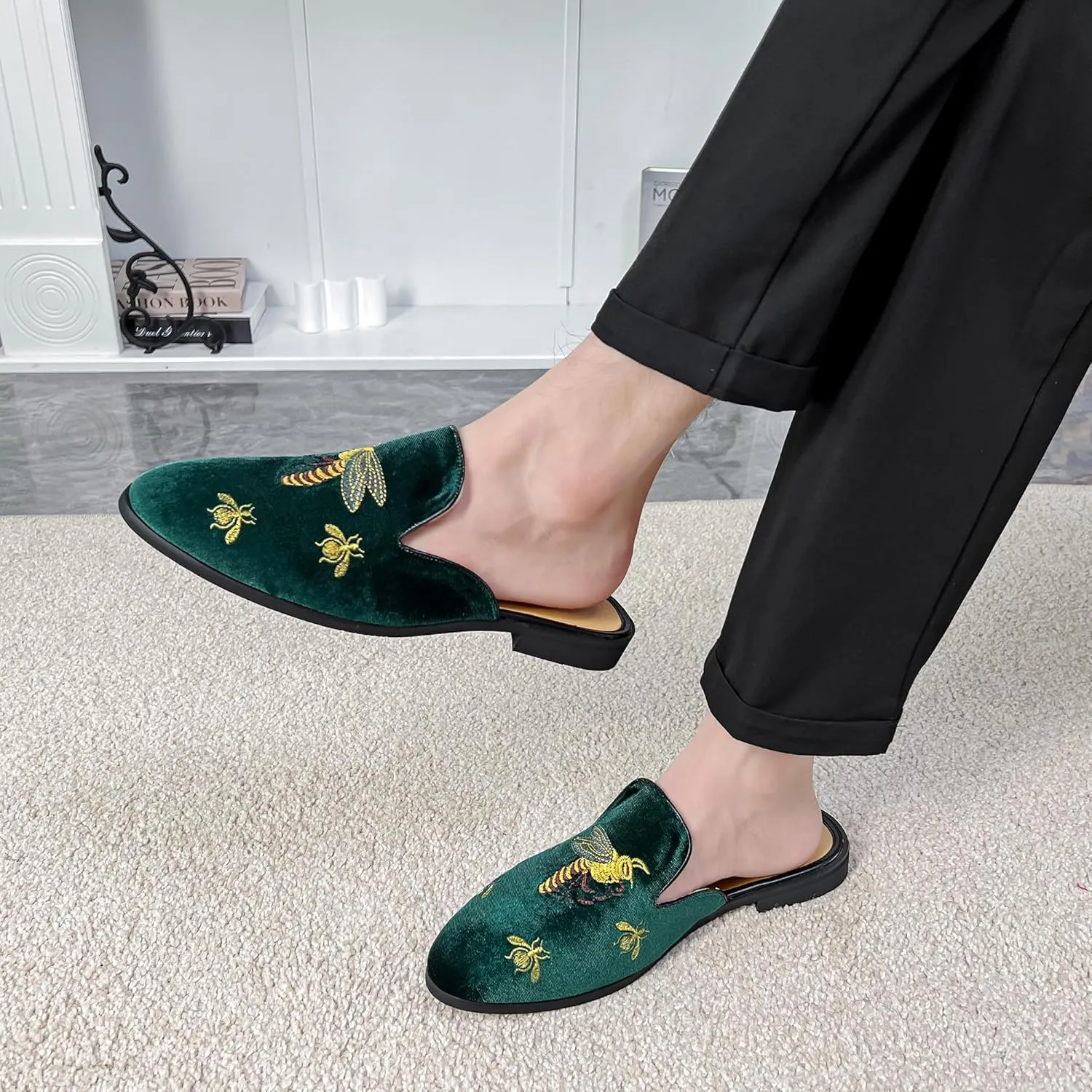 YYQL Mens Slippers with Arch Support Embroidered Leather Sandals for Men Slip On House Shoes with Indoor Outdoor Anti-Skid Rubber Sole Size 7-13
