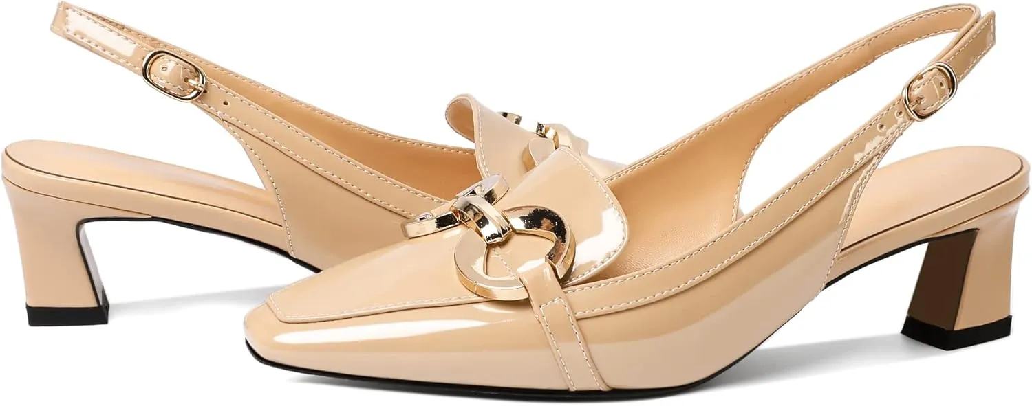 Zamikoo Women's Slingback Kitten Heels, Square Toe Loafers Low Heeled Sandals with Adjustable Buckle, Dress Shoes for Ladies Office Wedding Evening 2 Inch