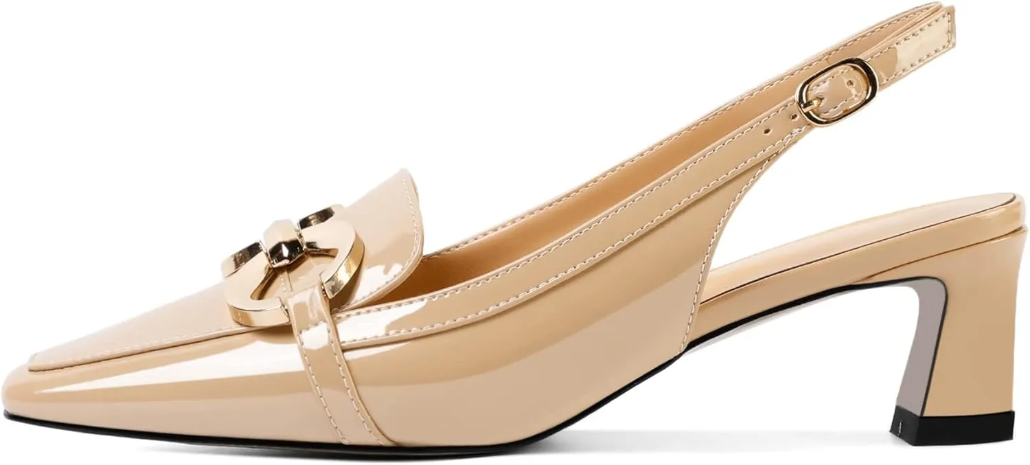 Zamikoo Women's Slingback Kitten Heels, Square Toe Loafers Low Heeled Sandals with Adjustable Buckle, Dress Shoes for Ladies Office Wedding Evening 2 Inch